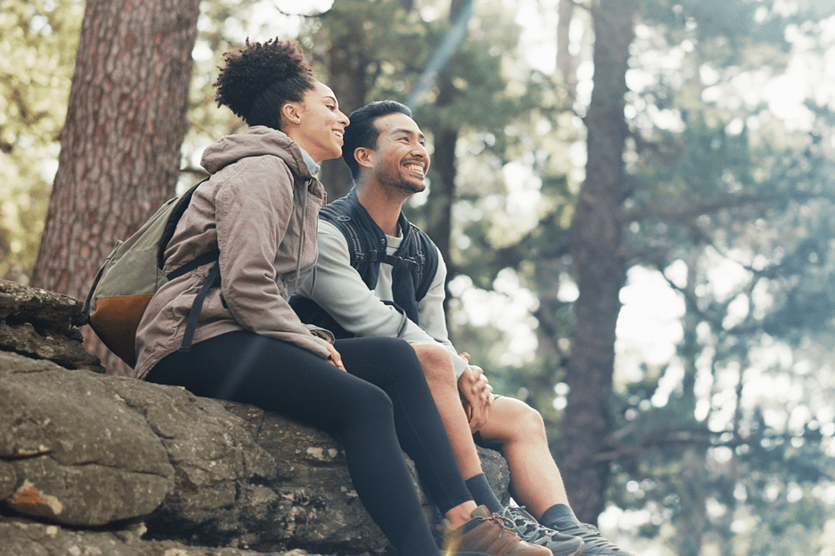 A couple sitting in the forest