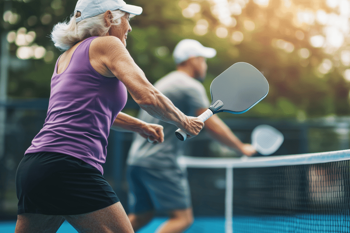 Older couple playing pickleball